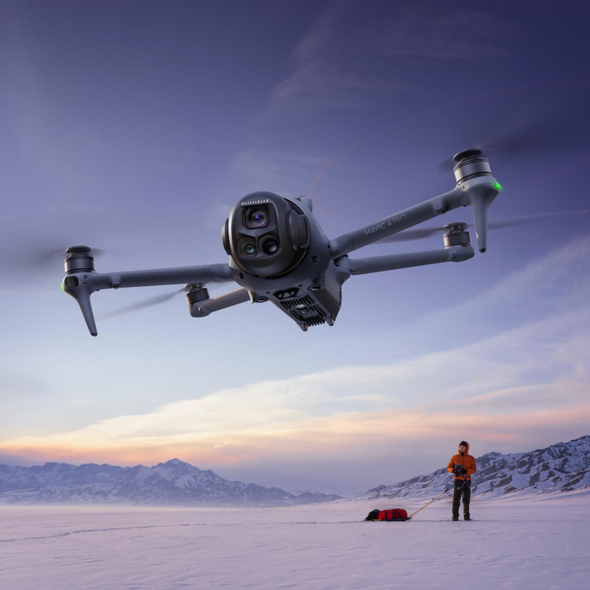 DJI Mavic 4 Pro flying above a mountain landscape